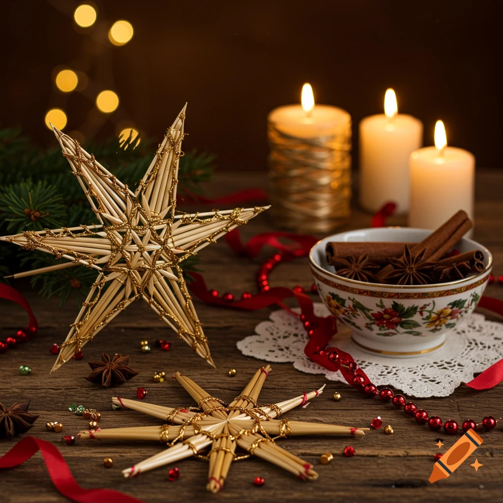 Two straw Christmas stars, lit candles, and a bowl of cinnamon sticks and star anise on a rustic wooden table with bokeh lights.