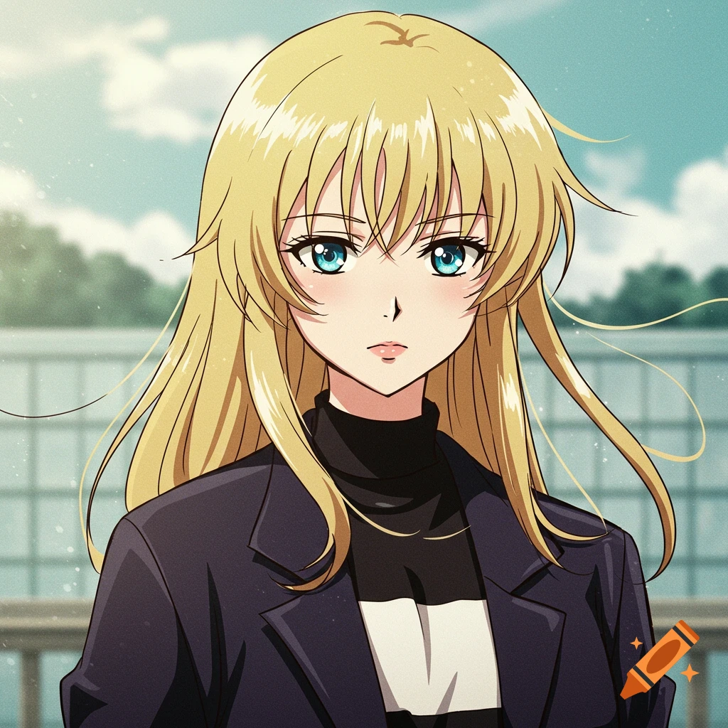 An old anime style portrait of a blond-haired girl with blue eyes, wearing a black jacket and striped top.