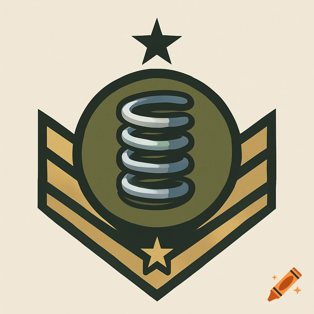 A stylized military insignia featuring a silver spring inside a dark green circular emblem, flanked by gold chevrons, with a black star at the top and bottom.