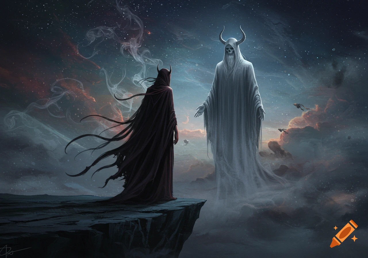 A dark, horned figure in flowing robes stands on a cliff edge, facing a tall, light, skeletal horned figure shrouded in mist, against a starry, cosmic sky in a dark fantasy art style.