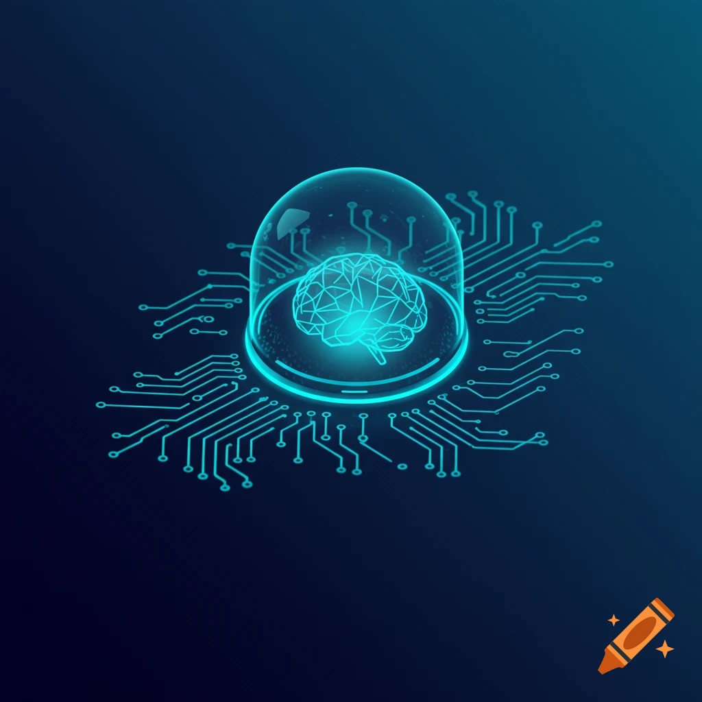 A glowing, geometric brain inside a clear dome with teal circuit board lines on a dark blue background, symbolizing AI technology.