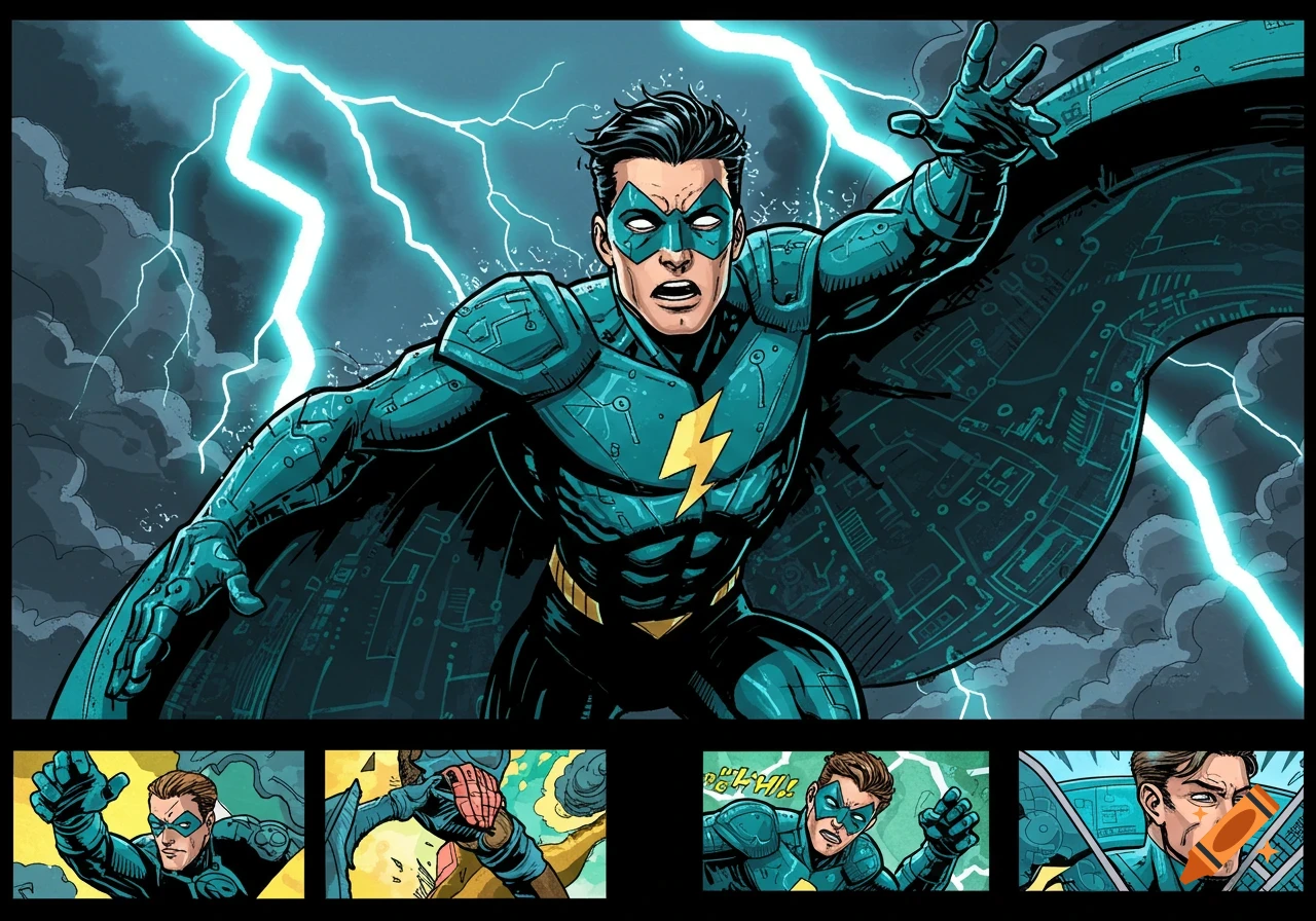 A comic book panel showing a teal-suited superhero with a yellow lightning bolt emblem and blue mask, surrounded by electric lightning against a stormy sky, with smaller action panels below.