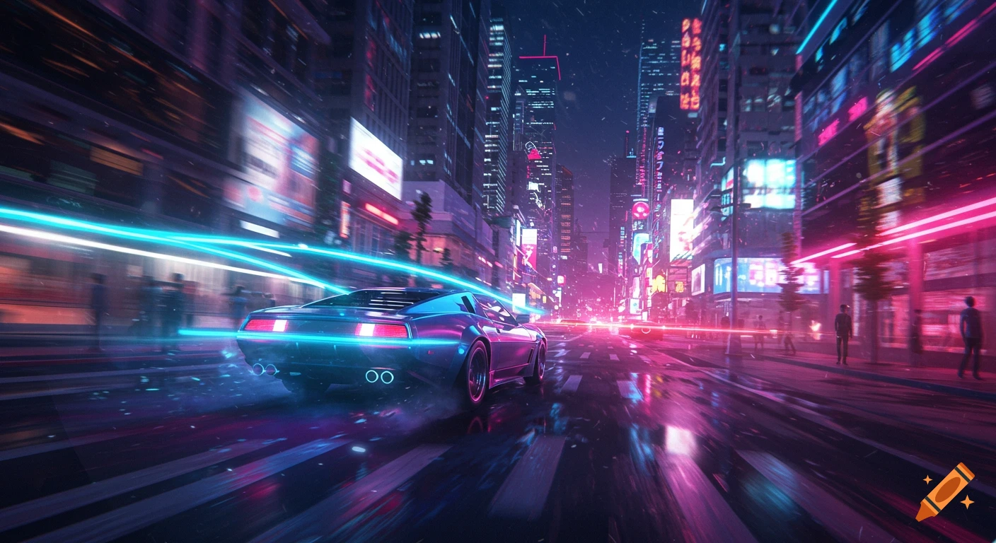 A futuristic sports car speeds down a neon-lit cyberpunk city street at night, leaving blue light trails.