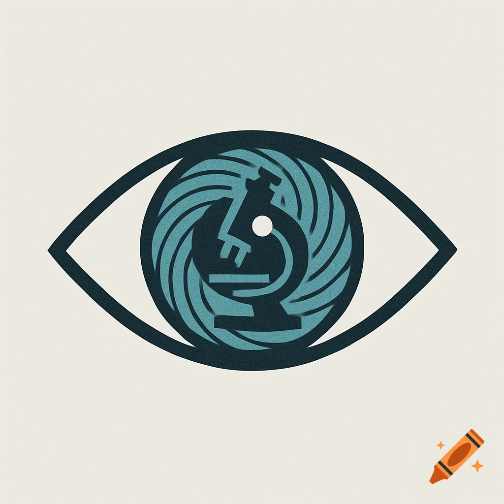 A minimalist, abstract logo depicting an eye with a stylized microscope within its pupil.