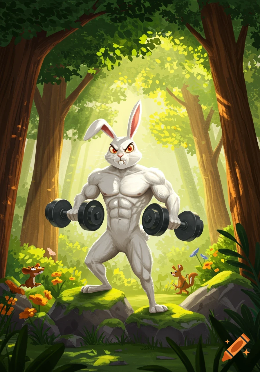 A muscular white cartoon rabbit with an angry expression lifts dumbbells in a sunlit forest, standing on mossy rocks.