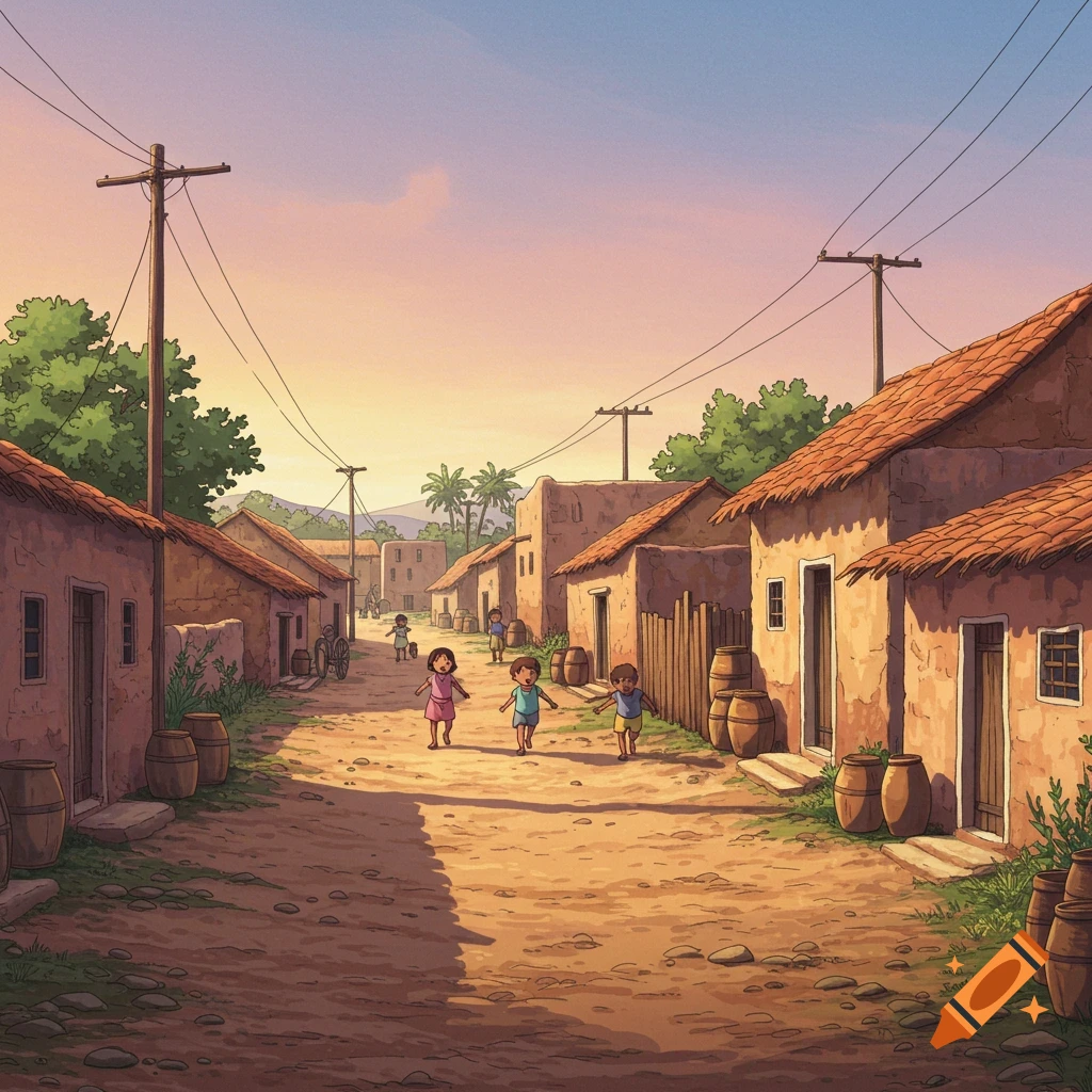 Anime style drawing of children playing on a dusty road in a rural village with mud-brick houses at sunset.