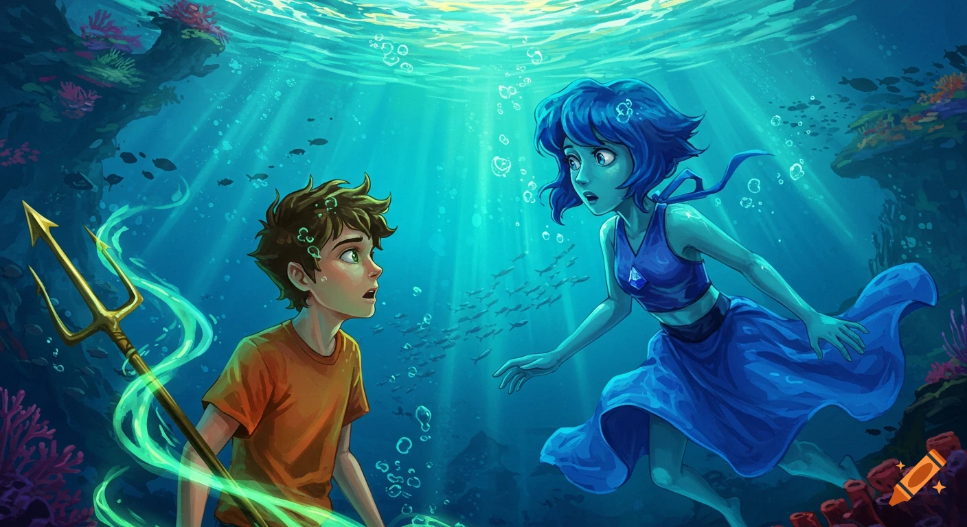 Percy Jackson and Lapis Lazuli look surprised meeting underwater, surrounded by fish and coral, in a vibrant animation style.