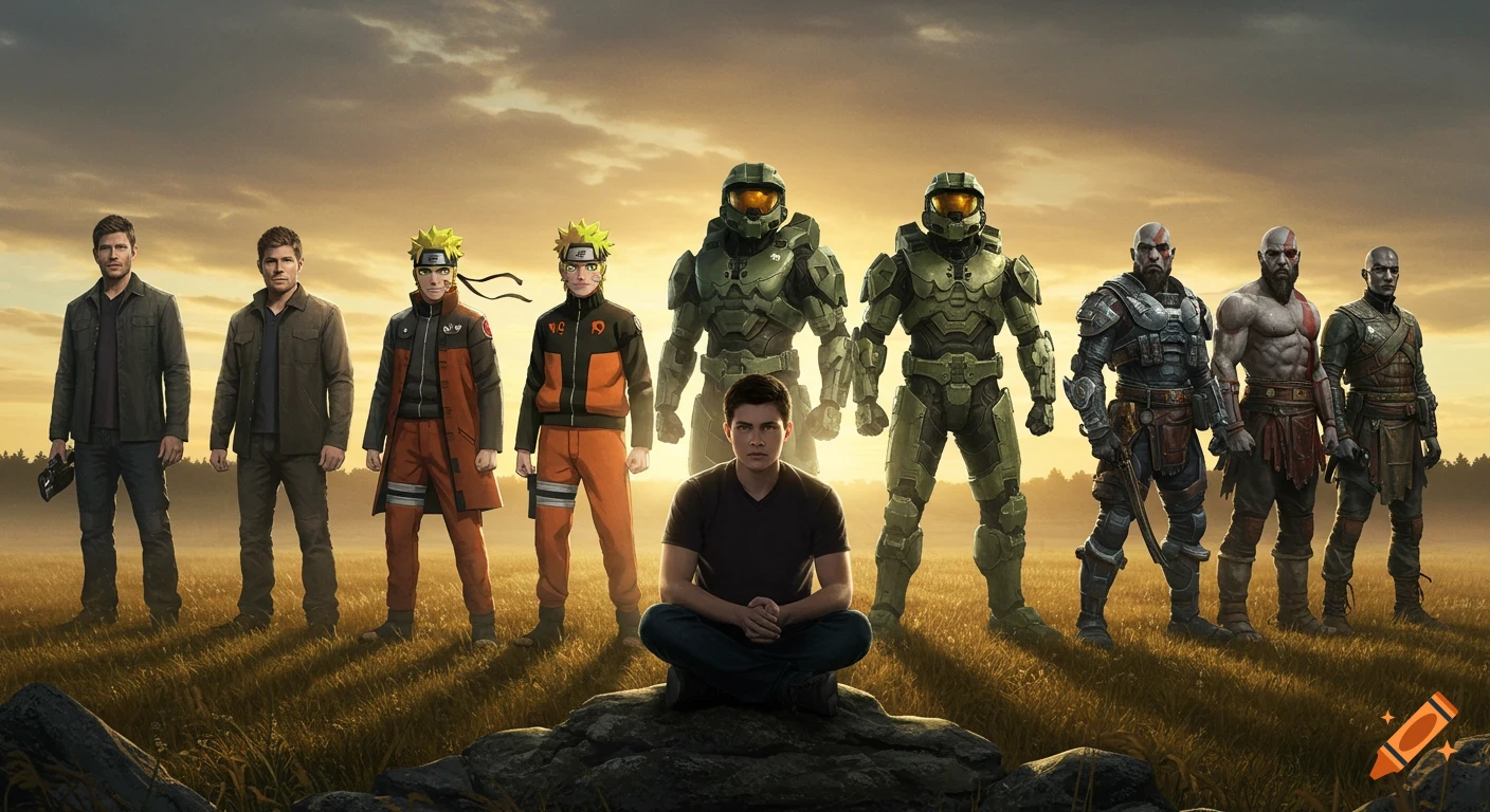 A young man meditates on a rock in a golden field at sunrise, flanked by characters like Sam and Dean Winchester, Naruto, Master Chief, Noble 6, and Kratos, in a realistic digital illustration.