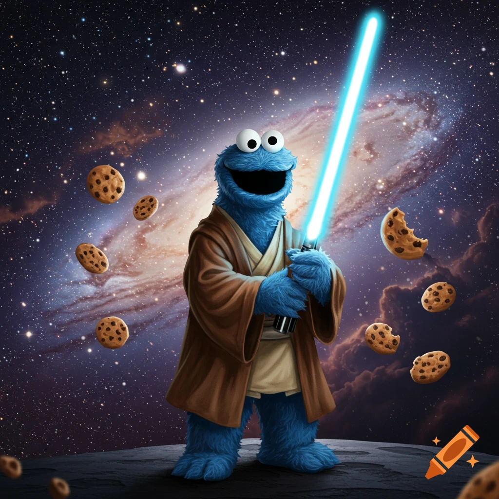 Cookie Monster as a Jedi knight, wielding a blue lightsaber, with chocolate chip cookies floating in a vibrant starry galaxy.