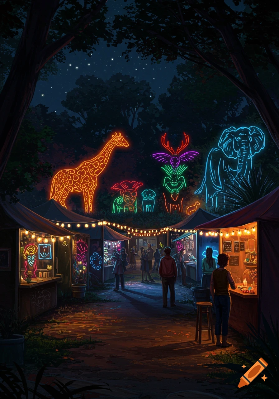 A night market in a forest with vibrant neon animal art displays and people browsing stalls under string lights.