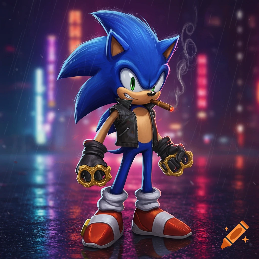 Sonic the Hedgehog in a leather jacket and brass knuckles, smoking a cigar, standing in a rainy cyberpunk city at night.