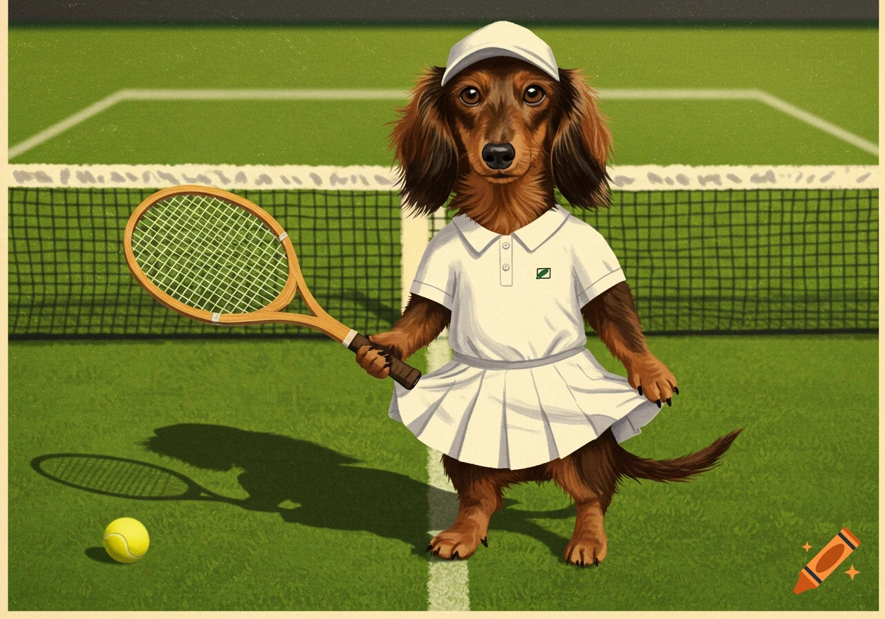 Retro illustration of a dachshund in vintage tennis clothes, holding a racket and tugging its skirt on a green court.