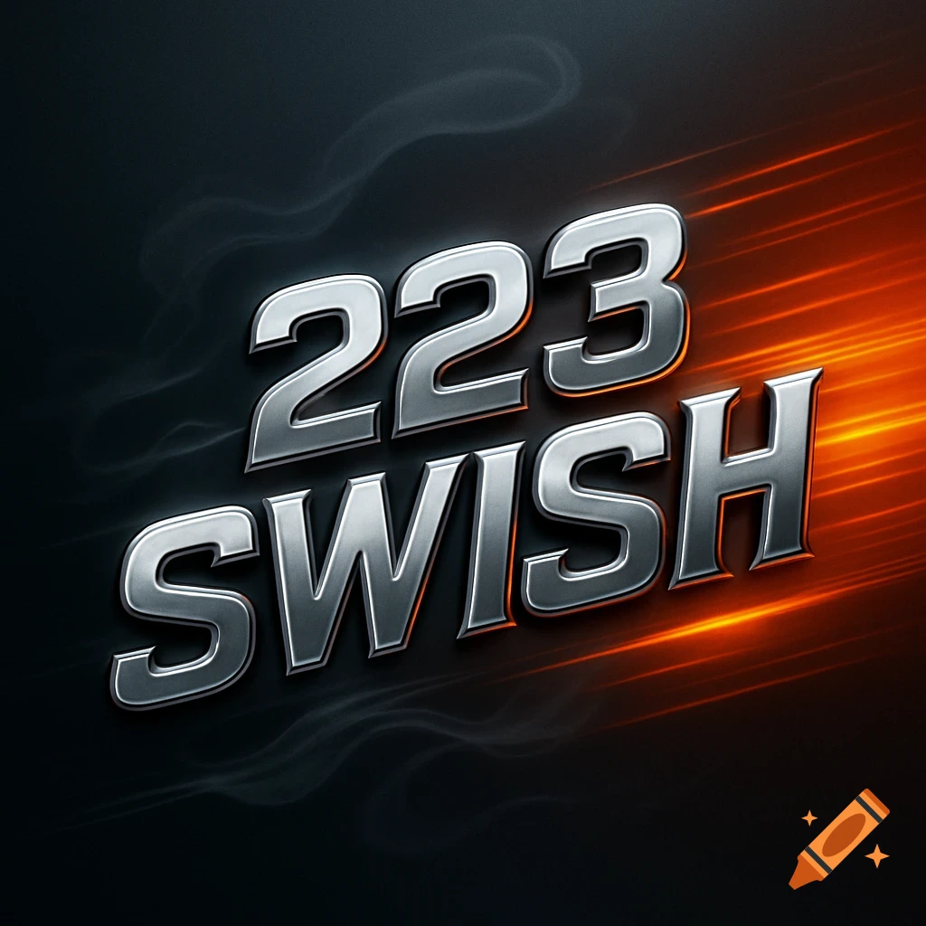 Metallic silver text "223 SWISH" on a dark background with fiery orange and smoky effects.