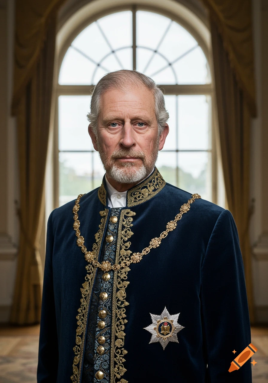 A photorealistic portrait of an older man with a beard and grey hair, wearing a blue velvet ceremonial coat with gold embroidery and a medal, standing in front of an arched window.
