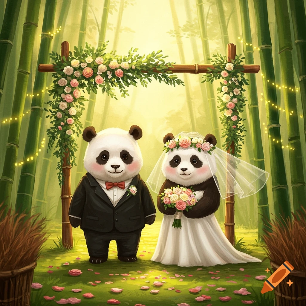A cute panda couple, the groom in a tuxedo and the bride in a white gown and veil holding a bouquet, stand under a floral arch in a bamboo forest.