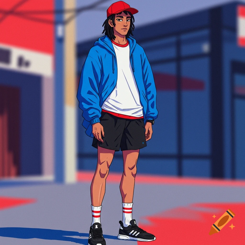 Anime-style male character wearing a blue hoodie, black shorts, red cap, and sneakers, standing in an urban setting.