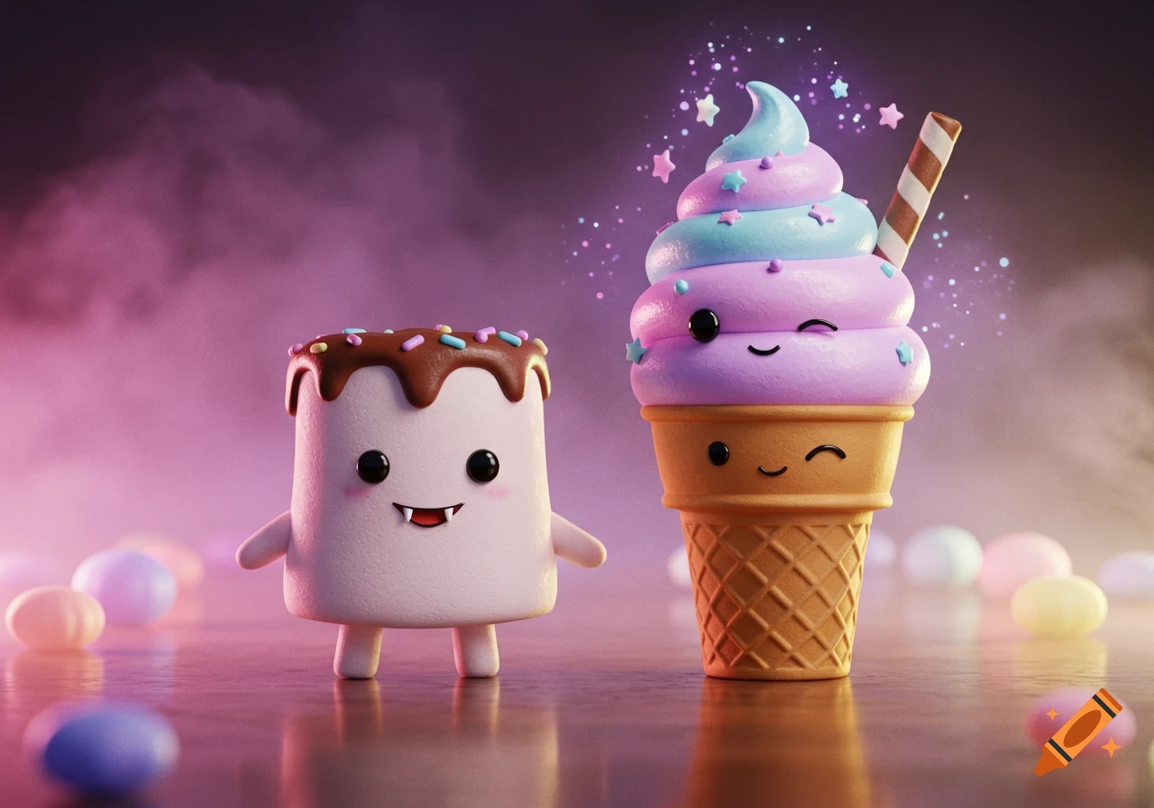 A cute 3D render of a vampire marshmallow and a winking, magical ice cream cone with sprinkles and sparkles on a glossy surface.