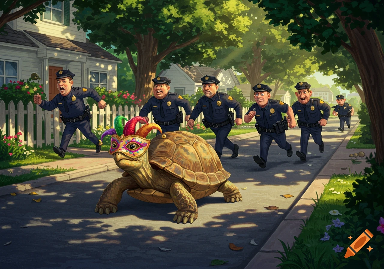 Cartoon illustration of six police officers running down a suburban street, chasing a turtle wearing a colorful Mardi Gras mask.
