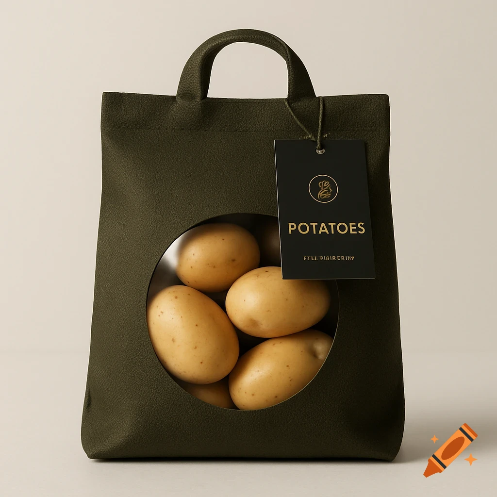 Dark green fabric bag with a round window showing potatoes, a black label with 'POTATOES' in gold text hangs from the handle.