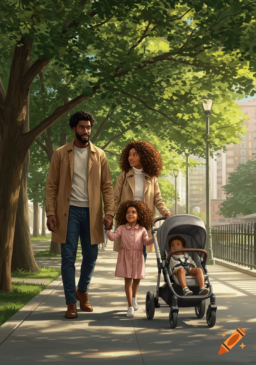 An illustrated family, parents, a young girl, and a baby in a stroller, walk on a tree-lined city sidewalk.