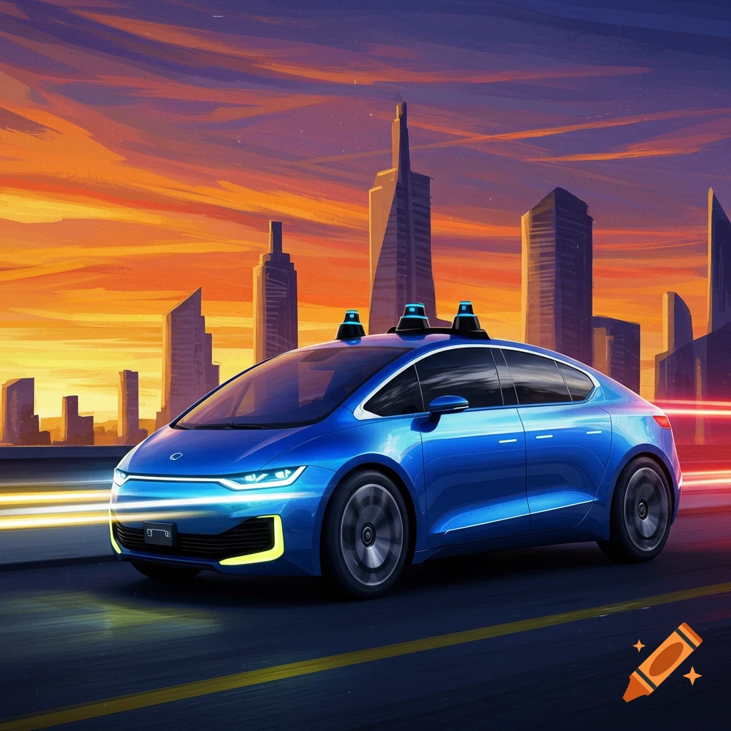 A blue futuristic self-driving car on a highway with a vibrant orange sunset city skyline, in a painterly style.