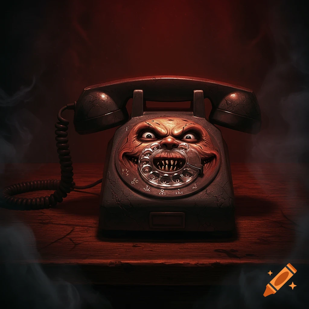 A creepy, ancient-looking rotary telephone with a demonic, angry face, sharp teeth, and glowing eyes, set in a dark, red-lit room with smoky tendrils.