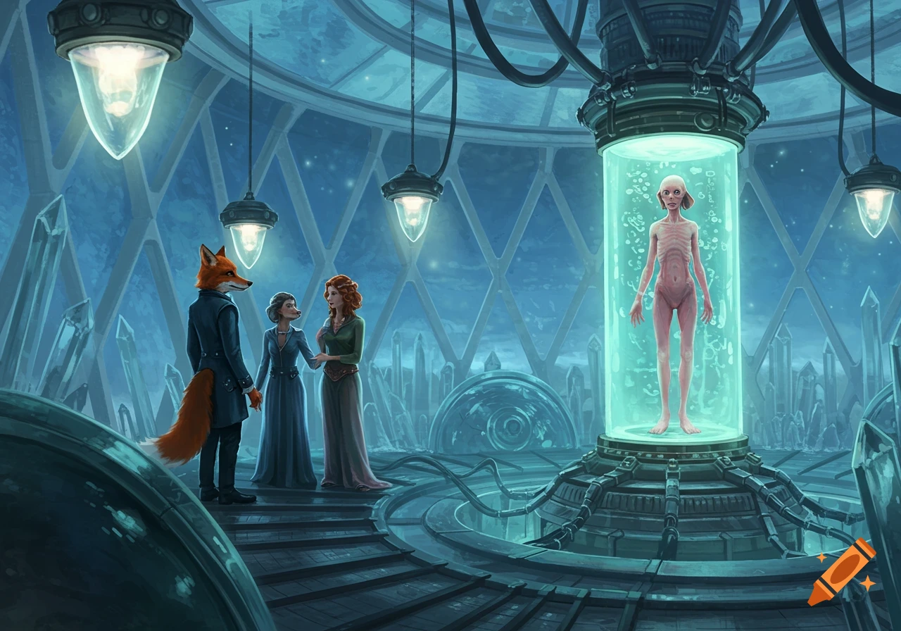 A fox-headed man and two women look at a pale, thin, nude humanoid floating in a glowing cylinder in a futuristic, crystal-filled room.