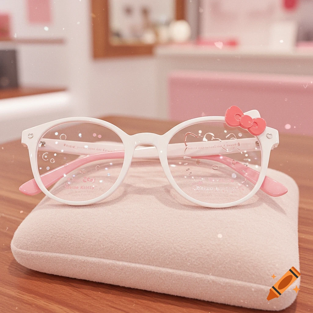 White and pink Hello Kitty glasses with a pink bow on the right lens, resting on a pink velvet cushion.