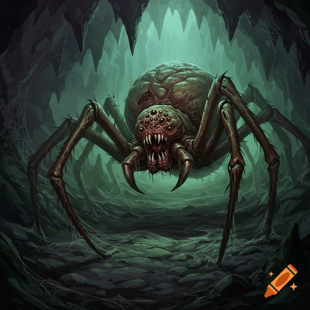A monstrous, grotesque spider with many red eyes and sharp fangs in a dark, ominous cave, rendered in a dark fantasy art style.