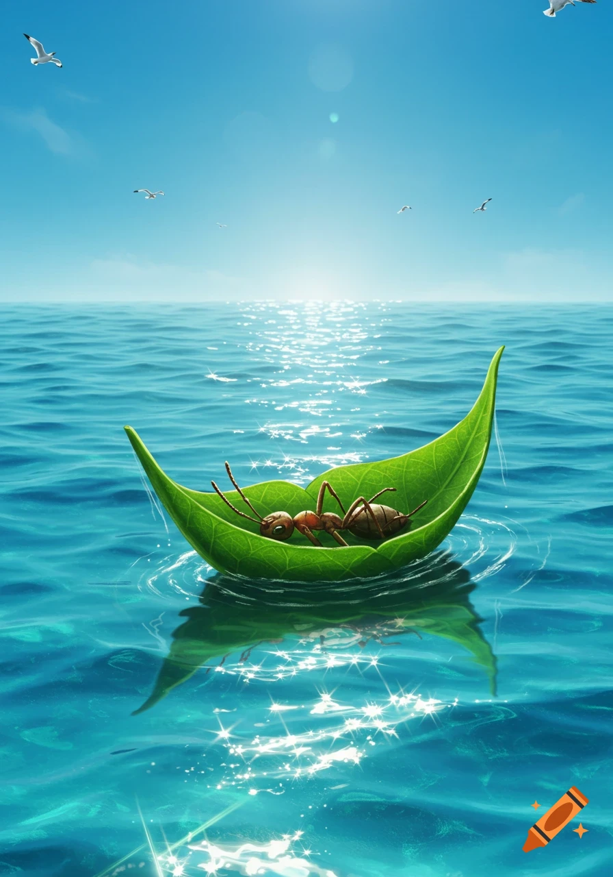 A stylized illustration of an ant resting in a green leaf boat, floating on a sparkling blue sea under a clear sky with seagulls.