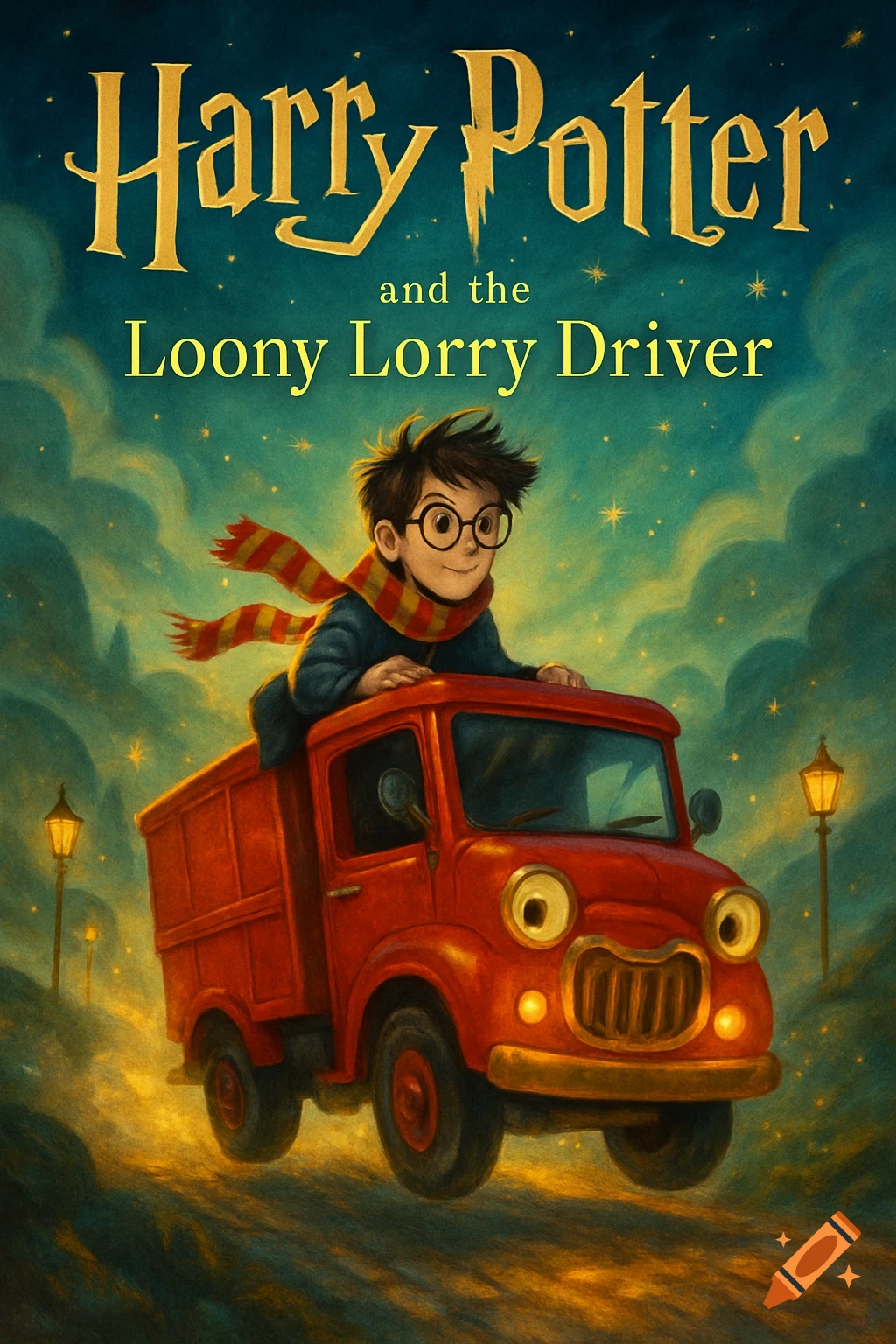 Whimsical illustration of a boy resembling Harry Potter in a red truck under a starry night sky, like a book cover.