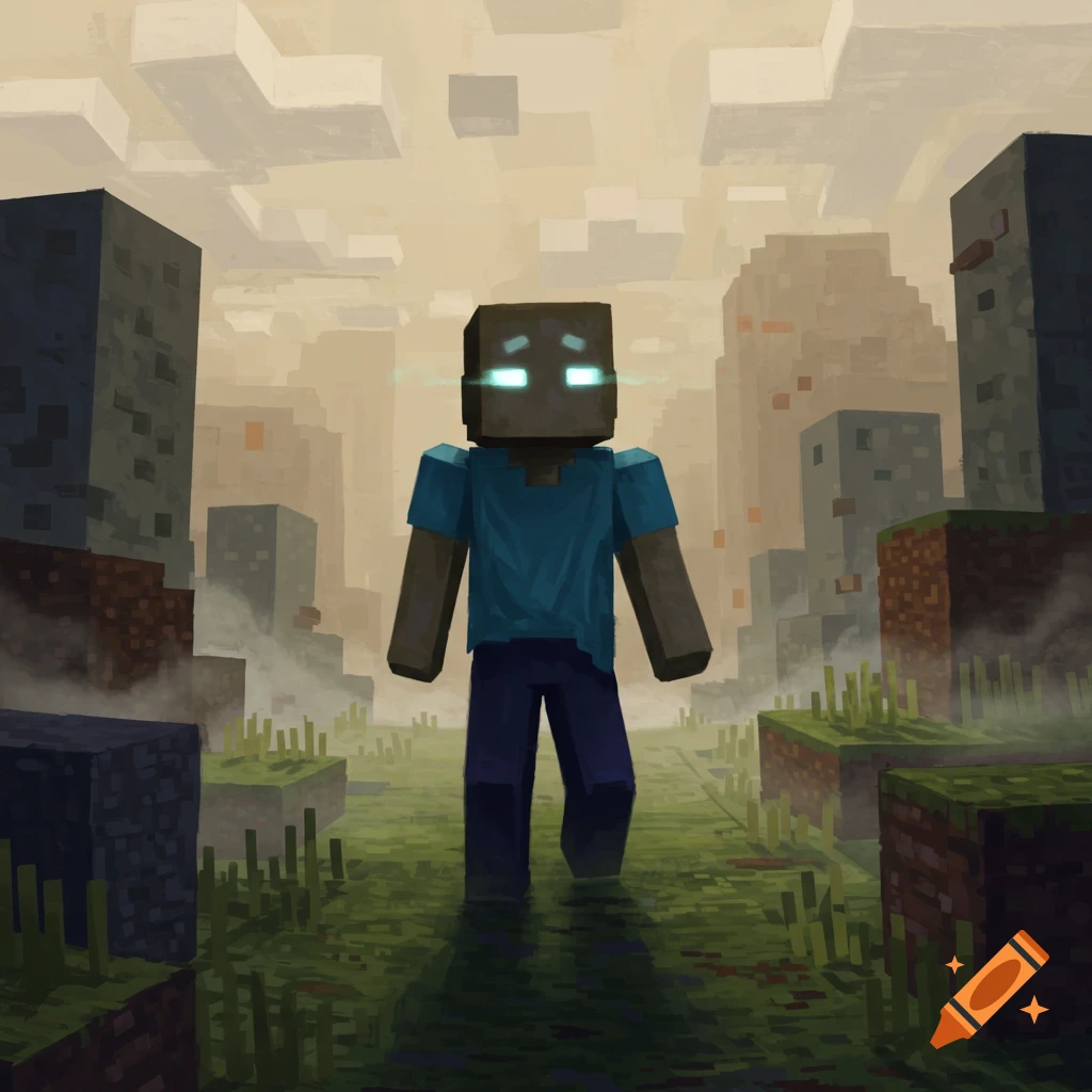 A blocky Herobrine character with glowing white eyes walks through a desolate, hazy Minecraft-style city landscape.