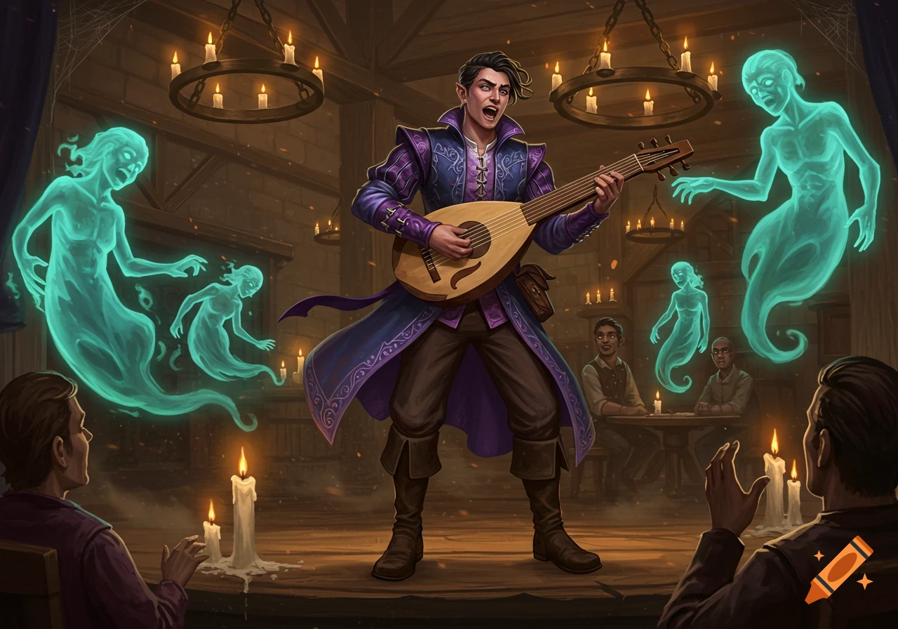 A fantasy bard in a purple coat plays a lute on a stage, surrounded by translucent blue-green ghosts in a candlelit tavern.