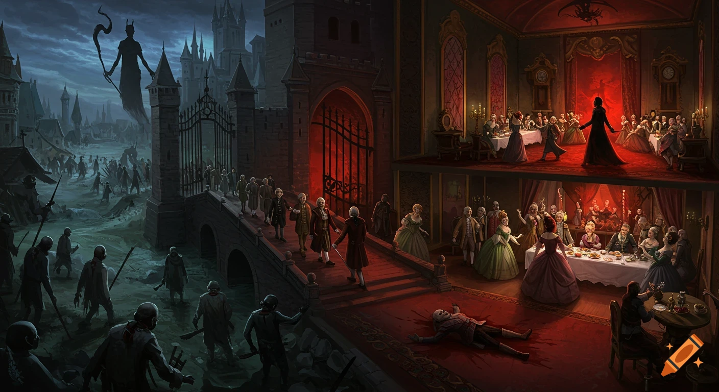 A panoramic dark fantasy illustration depicting a city besieged by plague, with a demonic figure looming, contrasted with an opulent castle interior where nobles party amidst a dead body.