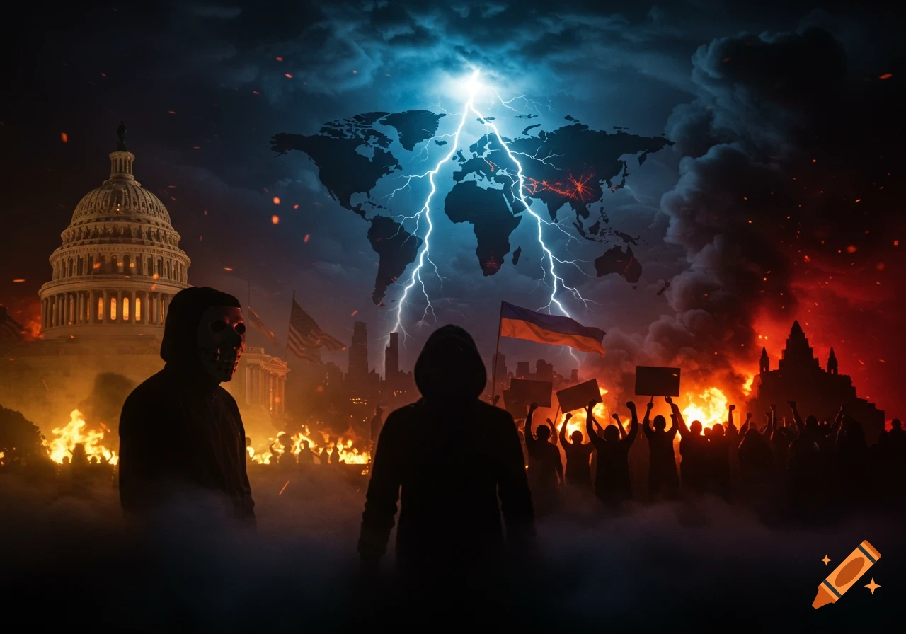 Dramatic image of political unrest featuring the US Capitol, masked figures, protestors, a Ukrainian flag, burning city, and a world map with lightning.