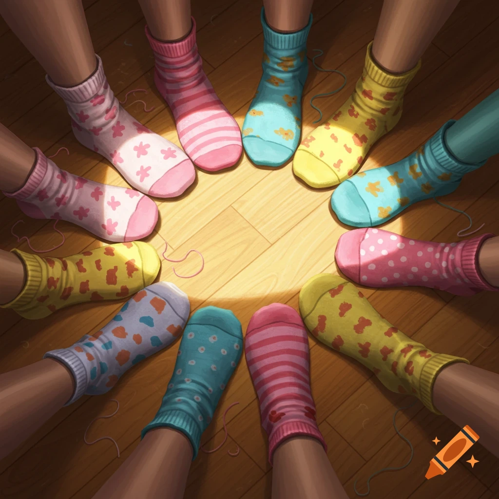 A top-down view of several pairs of feet wearing colorful, patterned socks arranged in a circle on a wooden floor.