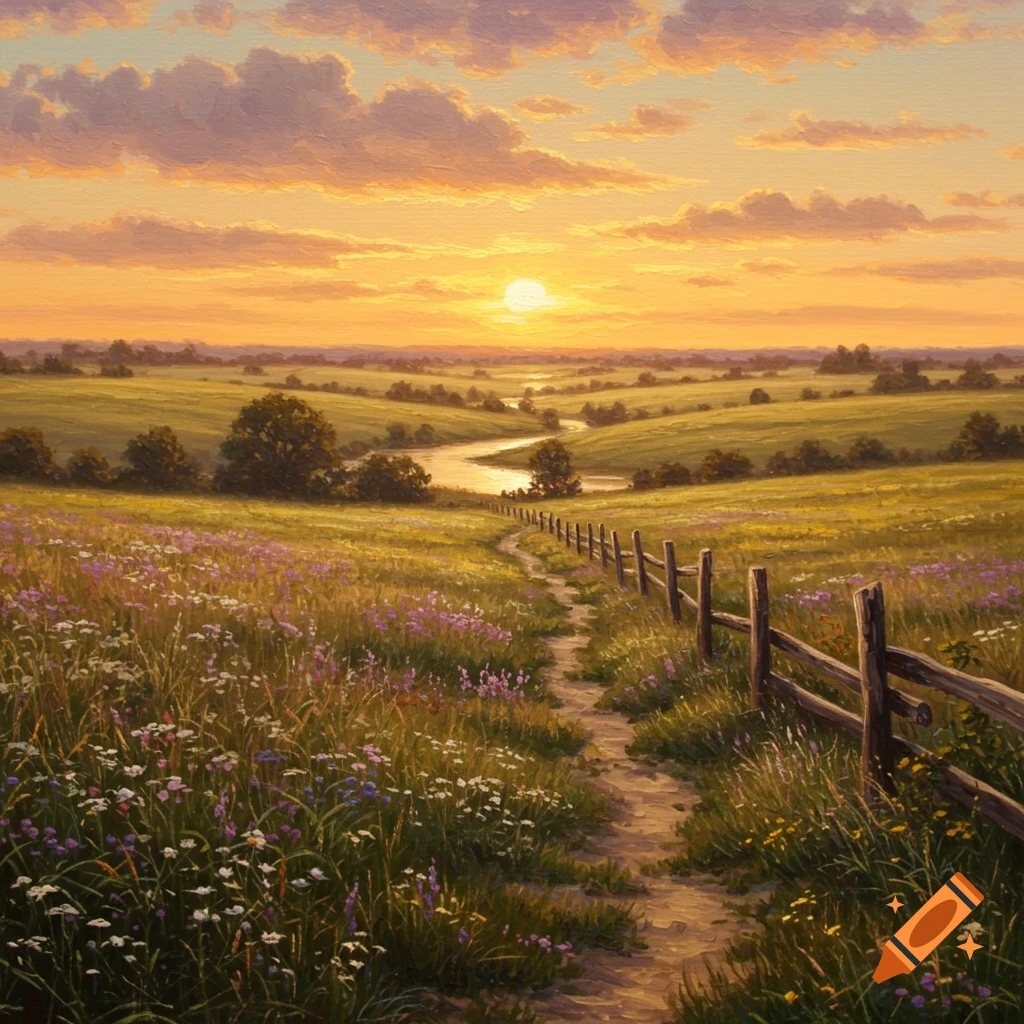 A vibrant oil painting of a winding dirt path through a field of wildflowers next to a wooden fence, leading towards a river under a radiant sunset sky.