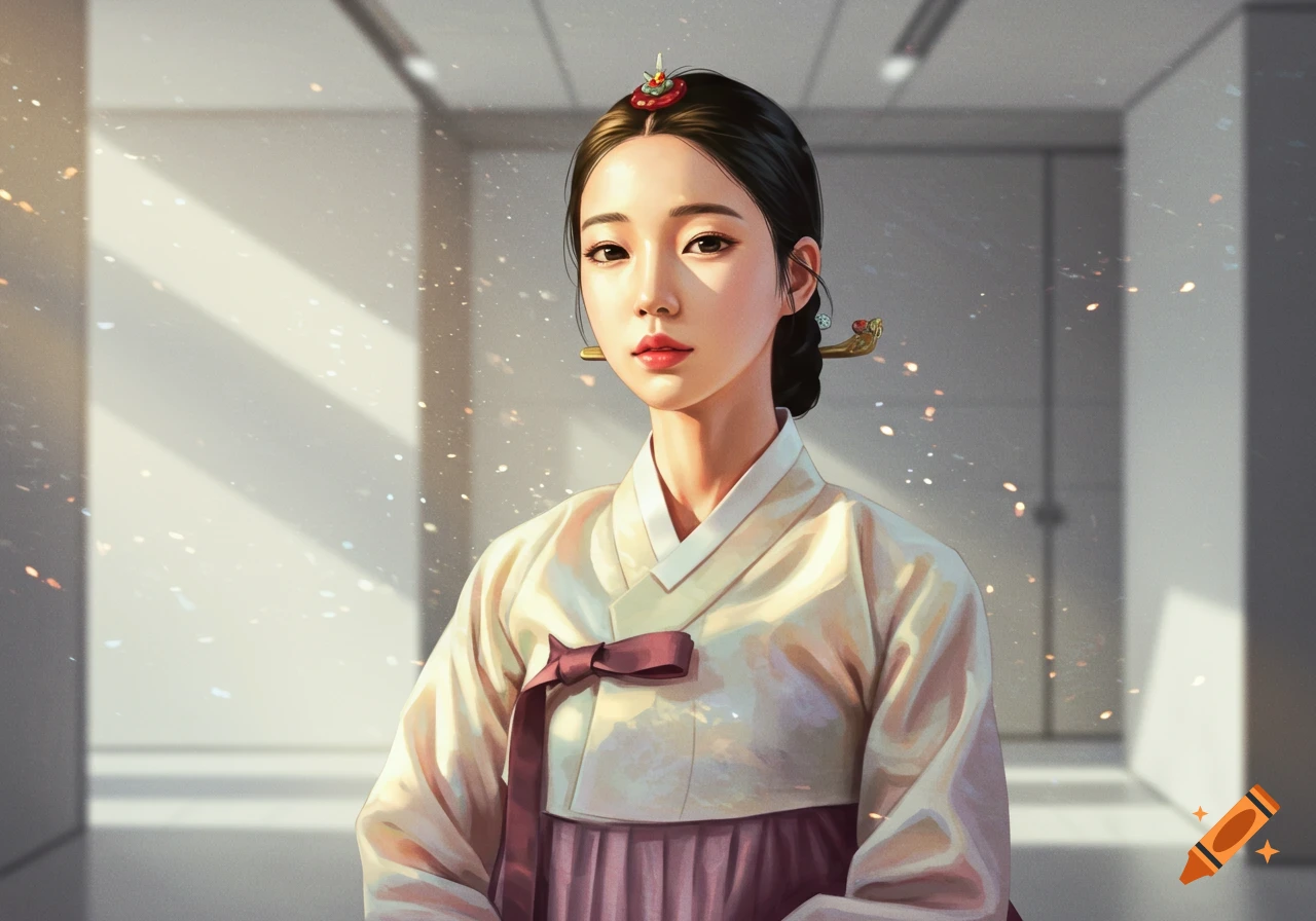 A young Korean woman in traditional hanbok, with a cream top and purple skirt, looking forward. Digital art.