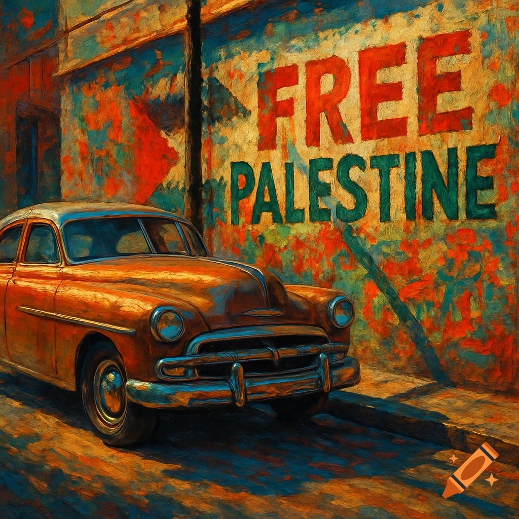 A classic orange car parked beside a wall with painterly graffiti saying "FREE PALESTINE" in red and green letters.