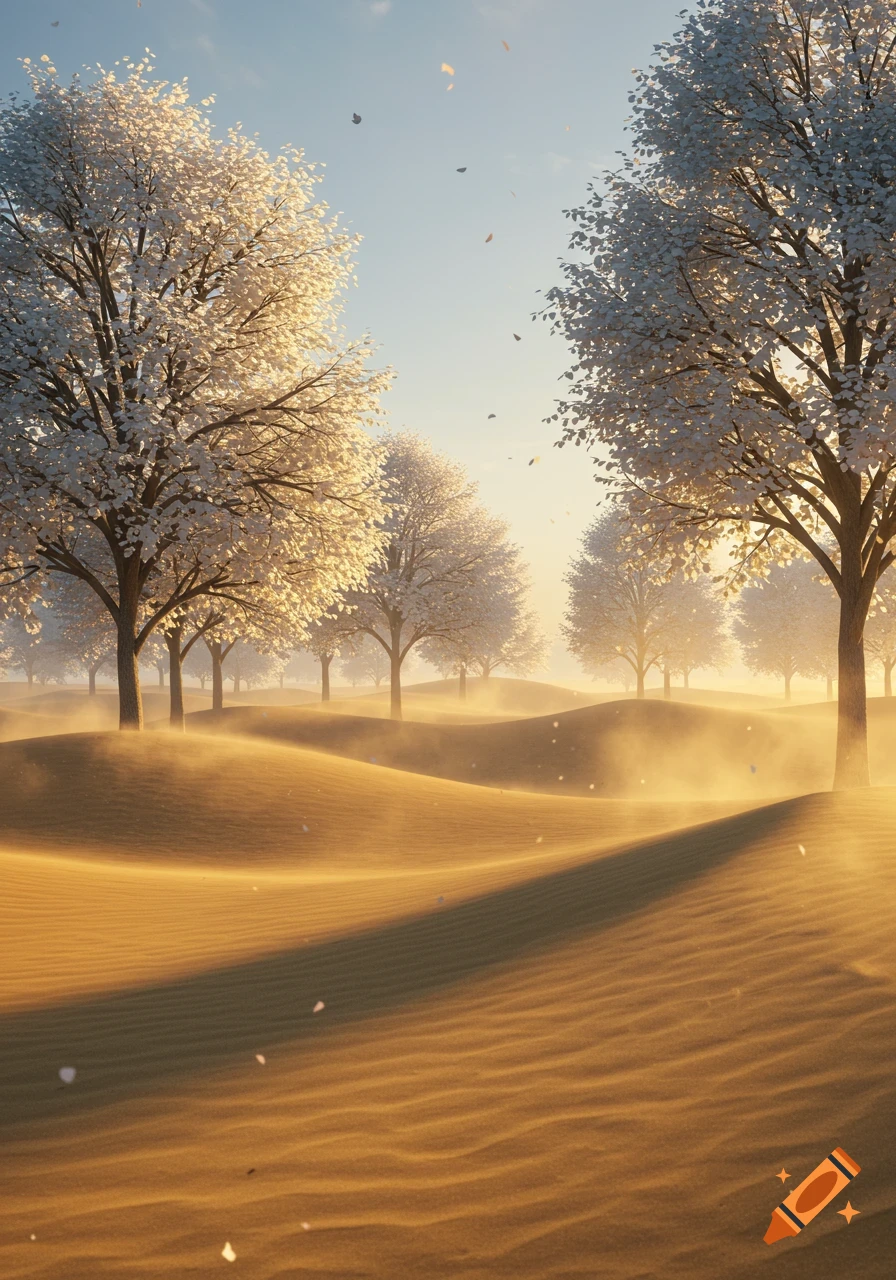 Sunny landscape with white-leafed trees on golden sand dunes, hazy light, and falling petals or leaves.