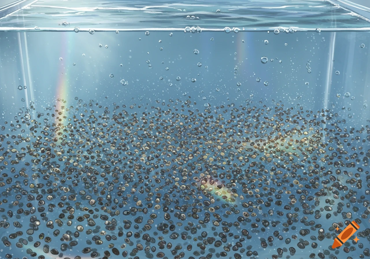 An illustration of a large clear water tank filled with tiny dark seeds, showing water ripples, bubbles, and a faint rainbow light.
