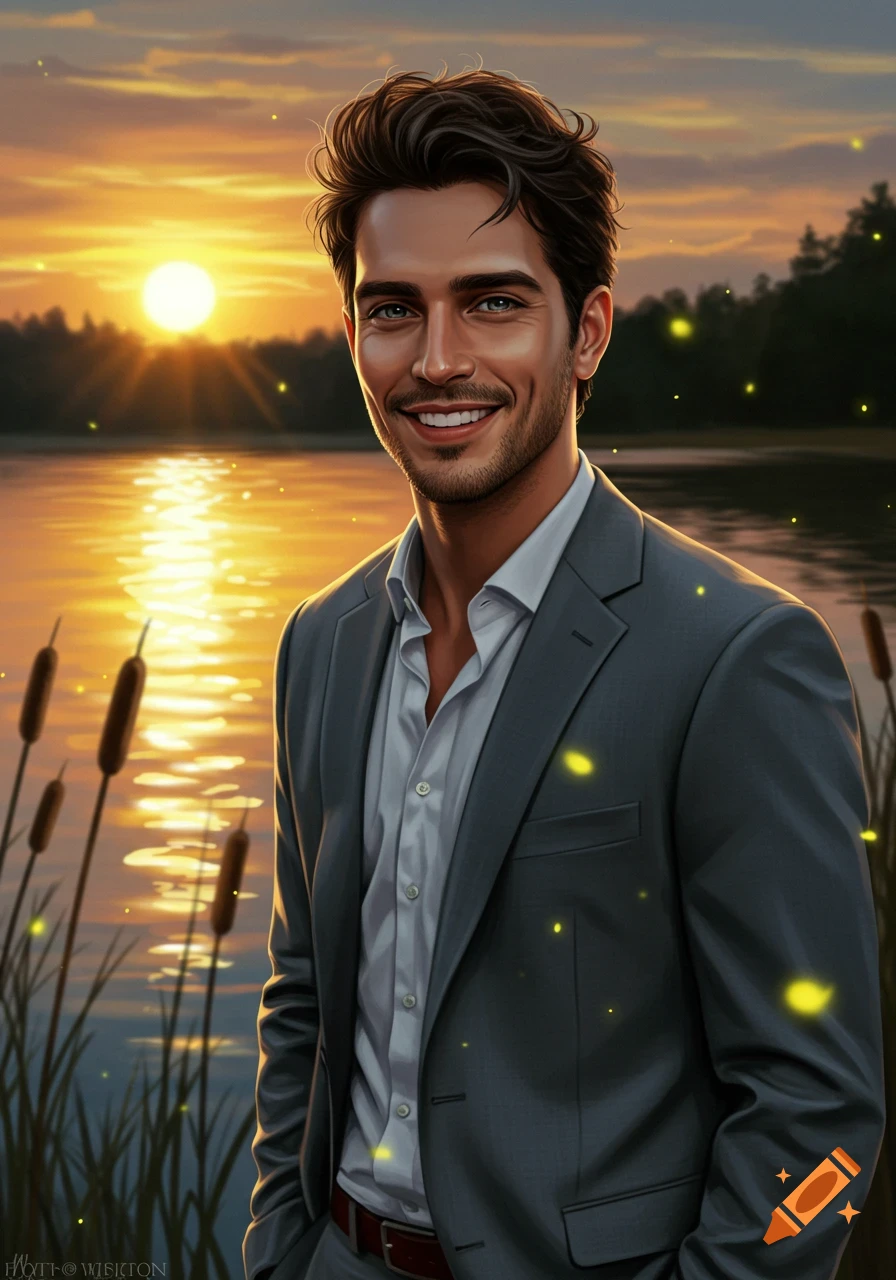 Smiling man in a grey suit against a sunset lake with glowing lights, digital art.
