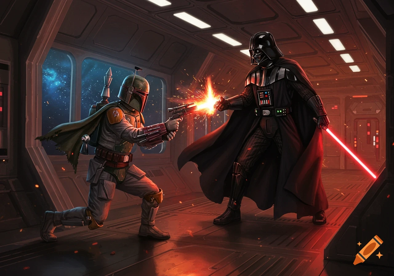 Boba Fett fires his blaster at Darth Vader, who defends with a red lightsaber, in a futuristic spaceship corridor.