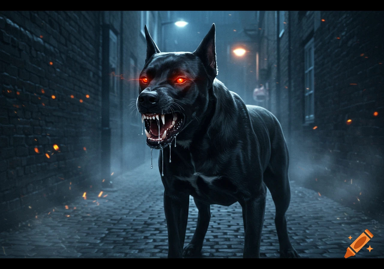 An aggressive black dog with glowing red eyes and drool, snarling in a dark, misty alleyway.
