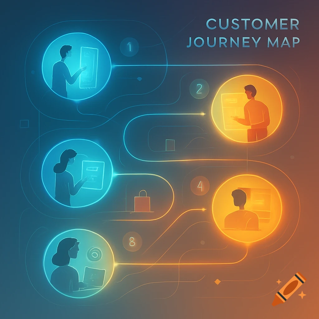 A blue and orange glowing infographic showing a customer journey map with figures and numbered steps.