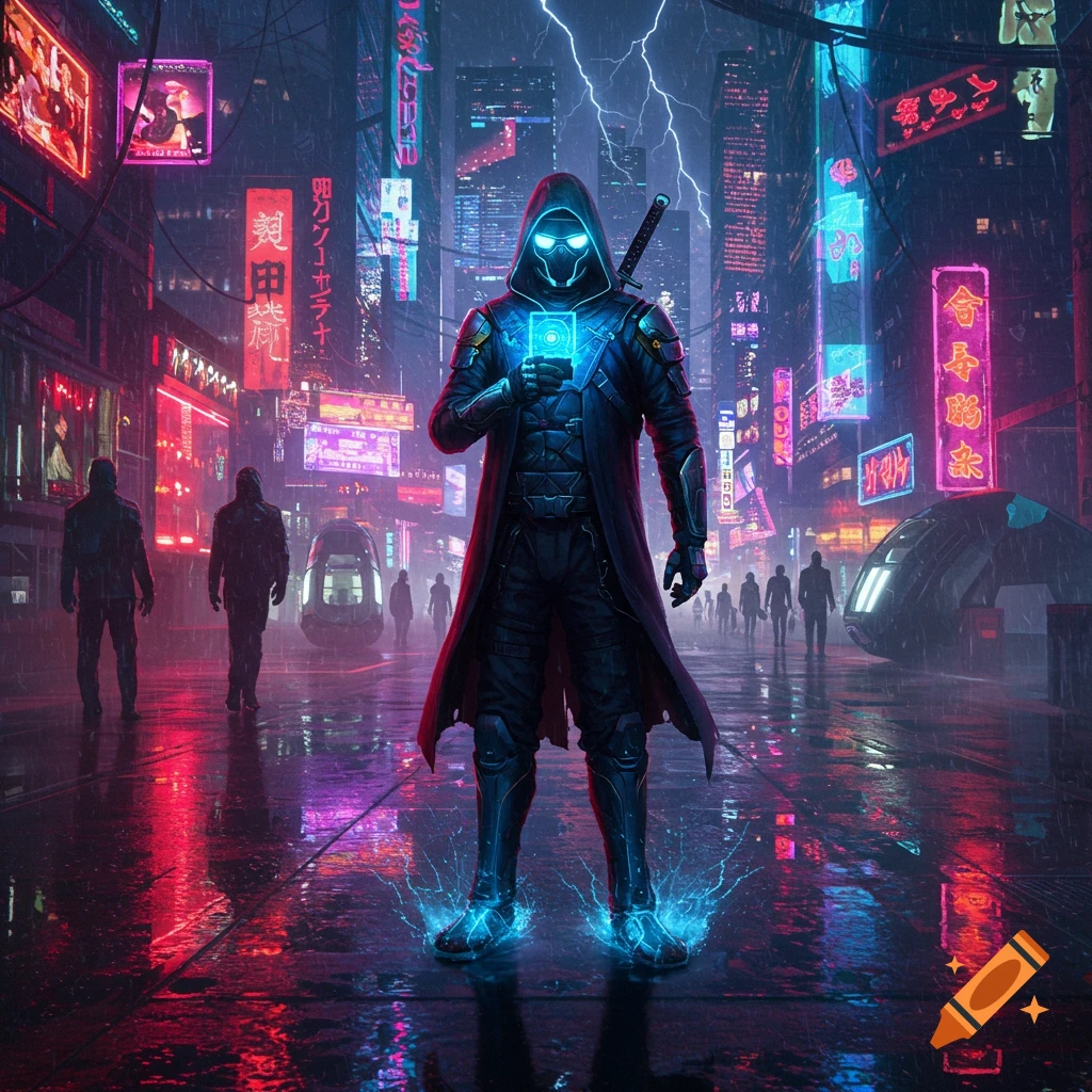 A mysterious hooded figure with glowing goggles and hands stands in a rainy, neon-lit cyberpunk city street with reflections and lightning.
