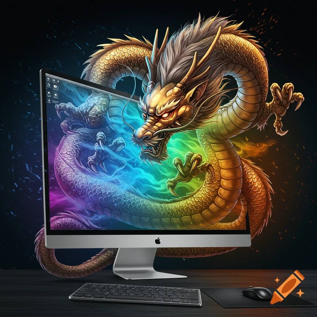 A fierce gold and silver Chinese dragon with rainbow colors emerging from and coiling around a computer screen on a desk.