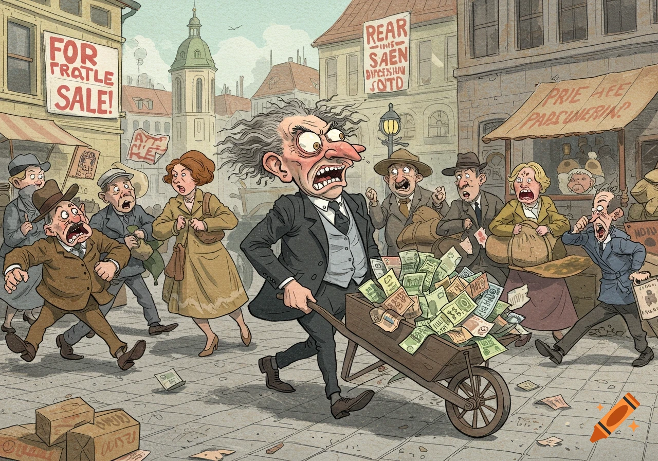 A cartoon of a man pushing a wheelbarrow overflowing with cash through a distressed crowd in a bustling old-fashioned town square, depicting hyperinflation.