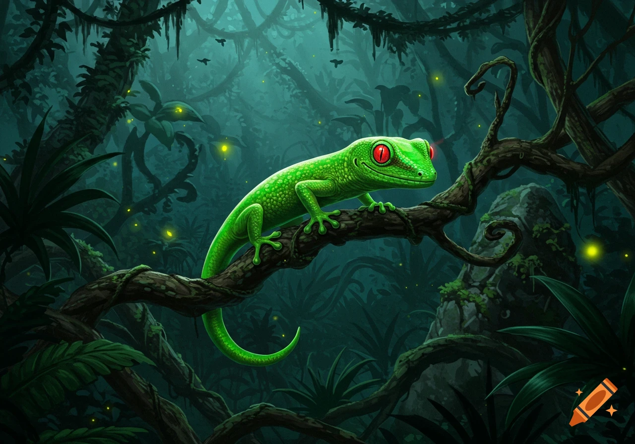 A vivid green gecko with bright red eyes perches on a gnarled branch in a mystical, dark jungle with glowing fireflies.