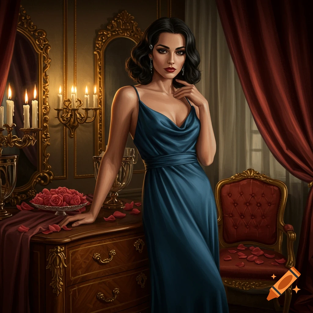 A sophisticated woman in a dark blue satin dress poses elegantly in a luxurious, dimly lit room with ornate furniture, candles, and scattered rose petals.
